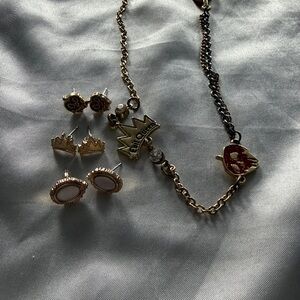 Disney Evil Queen Gold plated and Red Heart Necklace and 3 sets of earrings